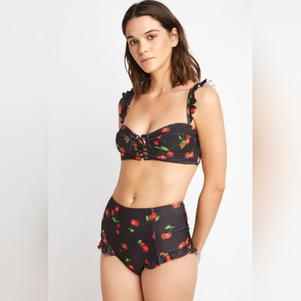 Marina West Retro Pin Up Cherries Balconette High Waisted 2 Piece Bathing Suit